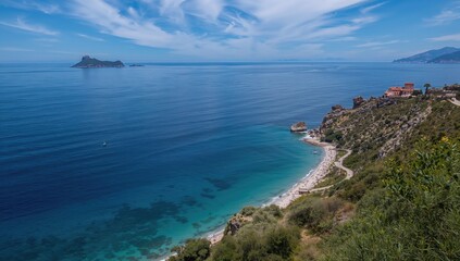 Fototapeta premium Stunning seaside panorama with clear blue water and sky