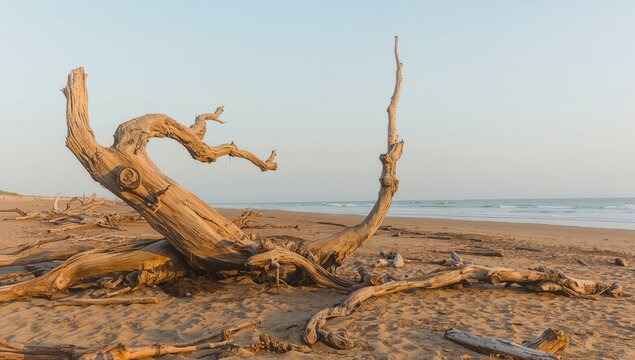 Golden uprooted tree trunks scattered on a sandy shore