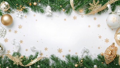 Festive holiday background with Christmas ornaments, gold ribbons, and winter stars on white space