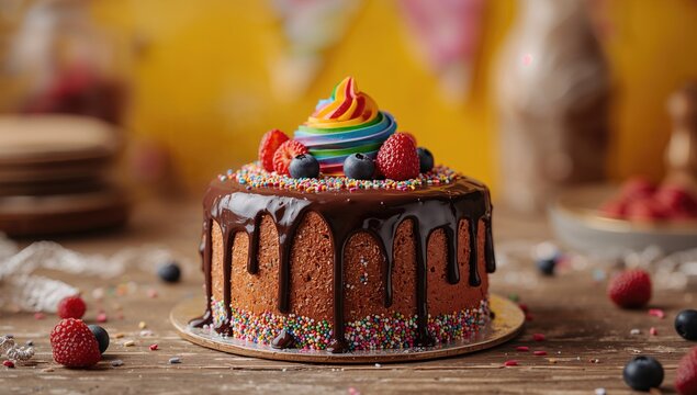 Birthday cake topped with vibrant rainbow frosting on a bright yellow backdrop, adorned with berries, colorful sprinkles, and drizzled chocolate.