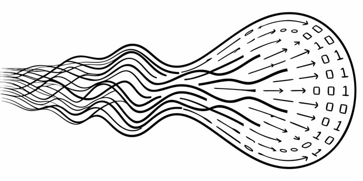 Flowing lines converging into a circular shape filled with binary code and directional arrows in black and white