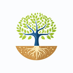 Symbolic Representation of Growth: A Circular Tree Logo Depicting Roots and Foliage