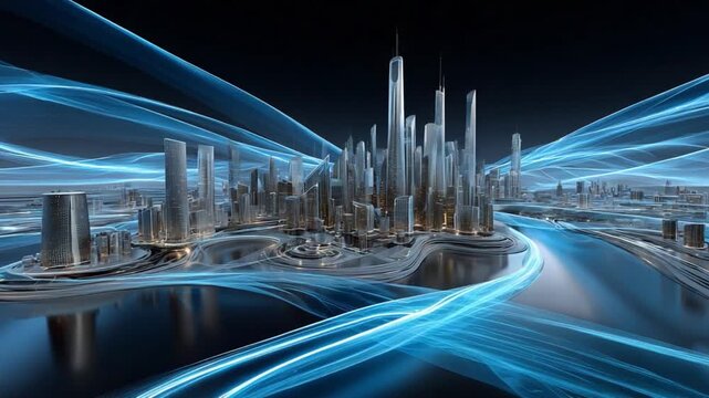 City of Tomorrow: A futuristic cityscape rises from a tranquil sea, interlaced with flowing, radiant energy, showcasing urban innovation and technological advancement. 