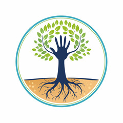 Symbolic representation of hand-shaped tree with roots embodying nature and growth within a circle