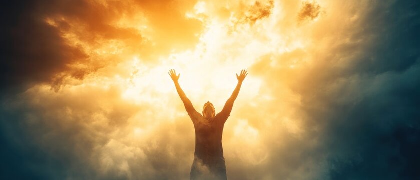 Man silhouette reaching upward towards bright sky hope spirituality concept