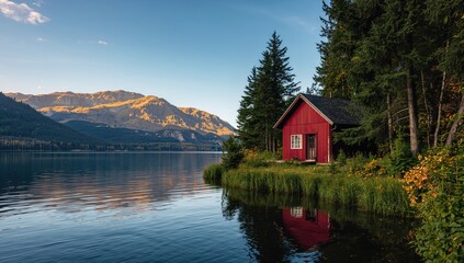Fototapeta premium A Crimson Cottage beside serene waters, offering a stunning view for an ideal retreat