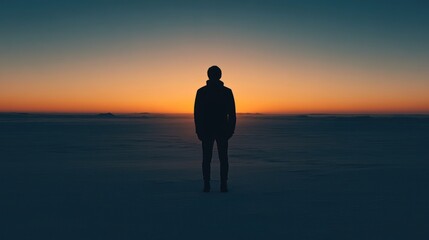 Fototapeta premium Solitary figure at sunset over snowy landscape