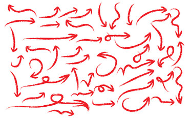 A collection of hand drawn red arrows showing various directions and styles on a white background