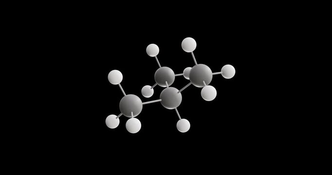 Isobutane molecule, rotating 3D model of isomer of butane, looped video on a black background
