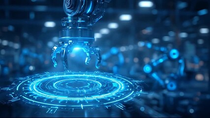 Robotic arm interacts with glowing blue futuristic digital interface - Powered by Adobe