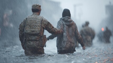 Naklejka premium Soldier Assisting Civilian Through Flooded Street During Heavy Rain. Emergency Response And Rescue Operation