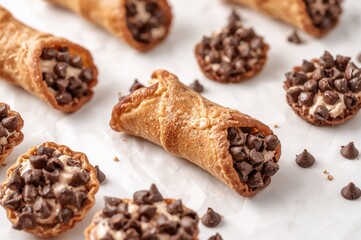 White Background Display of Cannoli Pastries Filled with Chocolate Chips