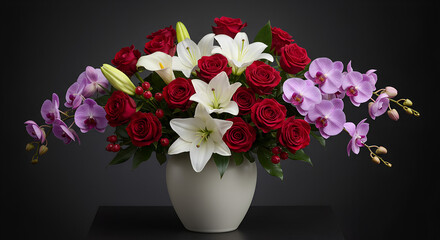 Floral arrangement with red roses, white lilies, and purple orchids, elegant bouquet, dark background, 
