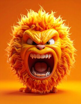 Powerful 3D Model enraged emoji caricature bristling fur hair, conveying intense emotion about devastating impacts climate change