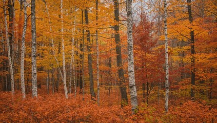 Fototapeta premium Stunning fall woodland with yellow and crimson foliage, birch and maple trees