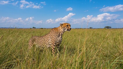 Obraz premium A sleek cheetah resting in tall savanna grass