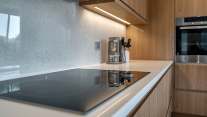 Detailed shot of an induction cooktop in a sleek, contemporary kitchen setup within a fresh residential space. Modern wooden cabinetry and appliances. Large property available for purchase