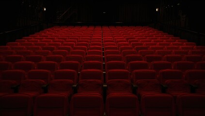 Theater venues closed due to the COVID-19 health crisis. Movie houses, arenas, and live show locations shuttered amid the worldwide pandemic. Empty red velvet seats in darkness.