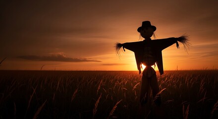 Silhouette of a scarecrow in a field at sunset.