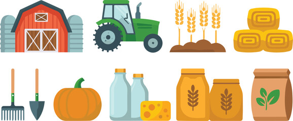 Vector art of farm elements collection featuring barn, tractor, crops