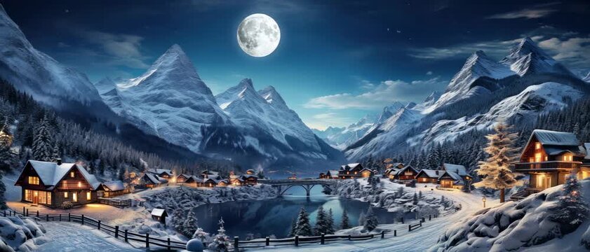 Ski resort in christmas lights at night, panoramic view of mountain village, snow, sky and moon in winter landscape