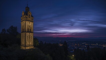 Fototapeta premium Illuminated clock tower against a night sky, featuring elegant architecture and natural surroundings