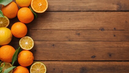 Concept of wellness, cuisine, and nourishment with citrus fruits on a wooden surface. Overhead shot, focused area, empty space for text