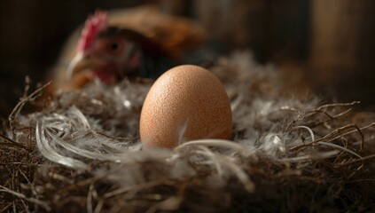 Nest holding a fresh chicken egg, high-resolution image