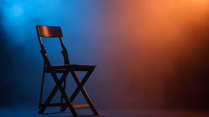 Solitary Chair: A study in color, contrast, and form. Wooden chair silhouetted against a split blue and orange backdrop. Space for reflection and thought.