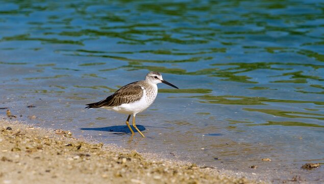 Shoreline scene with a green sandpiper by the water's edge, showcasing natural beauty and feathers of a blue bird