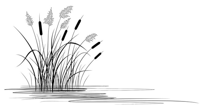 Elegant Cattail Illustration with Water Reflection for Botanical Designs, Stationary, and Nature-Inspired Creative Projects