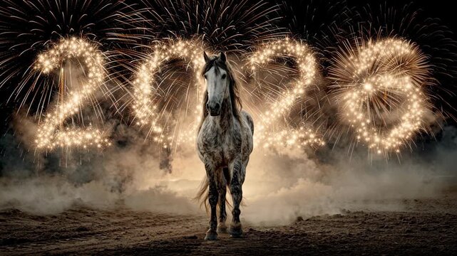 Horse amidst dramatic fireworks display celebrating 2026 new year