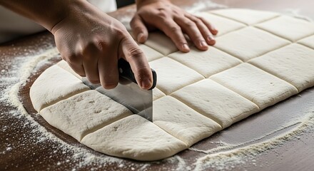 Skilled hands meticulously cut fresh dough into perfect squares on a floured wooden surface, preparing it for baking.