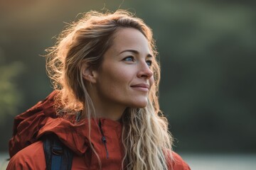 Naklejka premium Smiling woman in a red jacket with wavy blonde hair, enjoying nature's beauty and warmth during outdoor adventures, embodying a spirit of exploration and connection with the environment