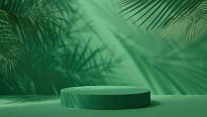Obraz premium Green abstract backdrop featuring palm leaf shadows for showcasing cosmetic items. A geometric setting with a platform for promoting beauty and eco-friendly natural cosmetics.