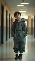 Young boy in gray tracksuit, casual outfit, standing in school hallway, contemplative expression, 
