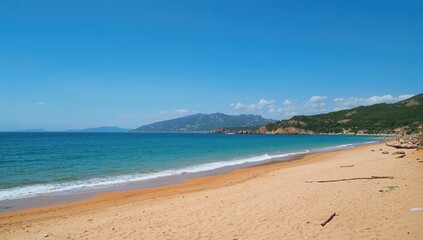 Obraz premium Sunny day at an empty sandy shore with stunning coastal scenery
