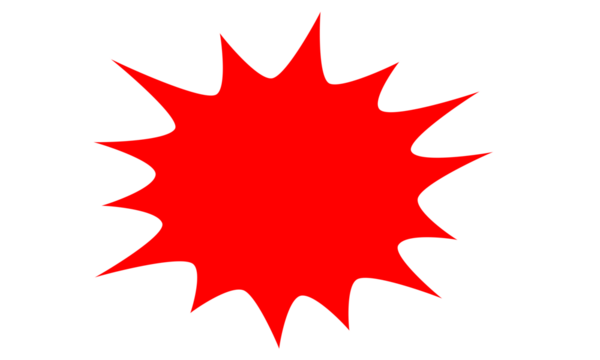 Red starburst badge shape with sharp edges, modern promotional sticker or sale label design for banners, posters, and digital marketing graphics on transparent background