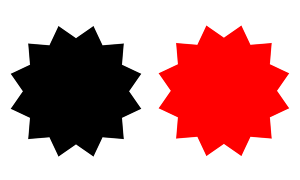 Black and red starburst badge shapes for sale labels, promotional stickers, posters, and advertising designs on transparent background