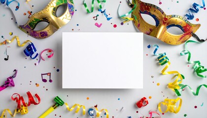 Fototapeta premium Party masks surround blank card with confetti, streamers for celebration invite