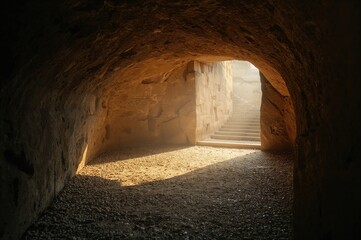Christian Easter theme. Resurrection of Jesus. Illuminated empty tomb symbolizing life and miracle.