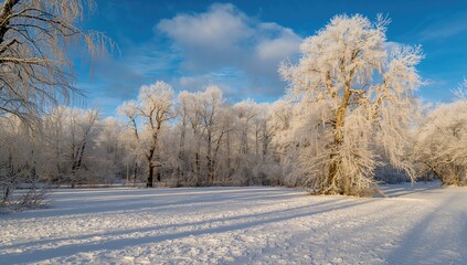 Obraz premium Sunlit Snowy Woodland Opening