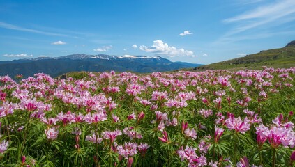 Obraz premium Blanket of vibrant pink rhododendron blossoms with lush green foliage
