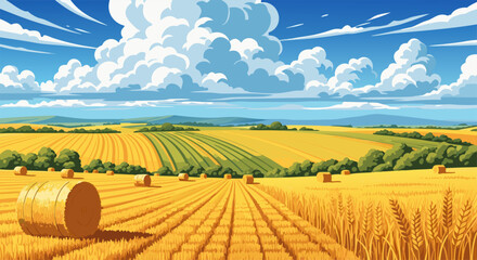 Summer harvest landscape with golden wheat field and hay bales under a picturesque blue sky with white clouds, vector illustration © PDWN Creative