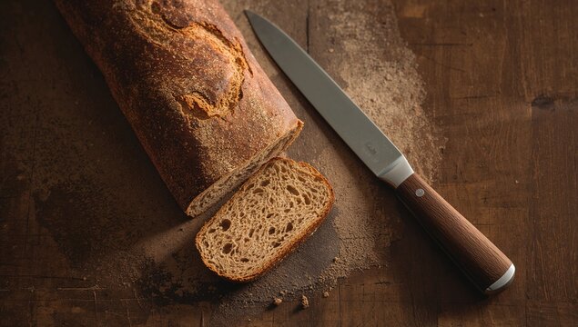 Loaf and blade resting on rustic wood surface