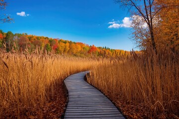 Fototapeta premium A slender wooden trail winds through towering grasses to a vibrant fall woodland.
