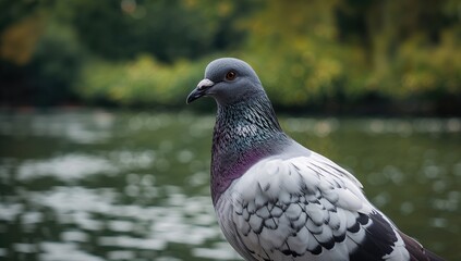 Obraz premium Stunning pigeon close-up with water and natural setting, featuring white and black feathers in a park environment