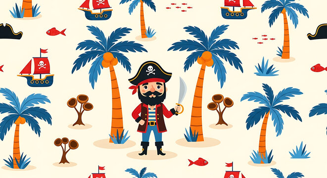 Whimsical cartoon pattern of a pirate character, palm trees, pirate ships, and fish on a light background