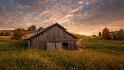 Fototapeta premium Sunset over gently sloping hills with a rustic barn