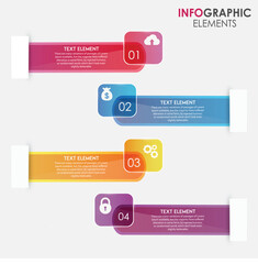 Circular infographic template with eight colorful speech bubble elements for presenting information and data.
Three colorful numbered steps with icons and text boxes for presentation or infographic.